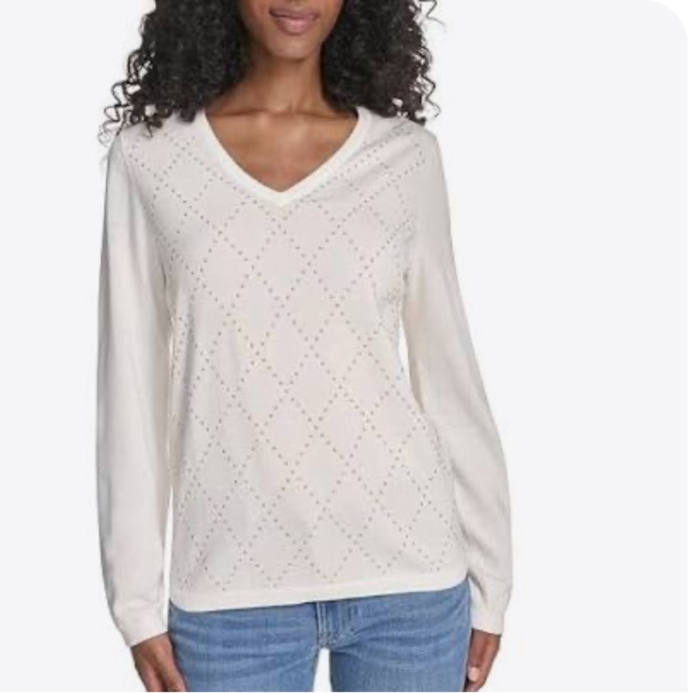 TOMMY HILFIGER Cream V Neck Gold Stud Argyle Pattern Knit Sweater M NWOT